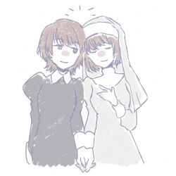  2girls alternate_costume amakura_mayu amakura_mio arm_at_side arms_at_sides black_dress brown_eyes brown_hair closed_eyes closed_mouth commentary_request cropped_torso dress fatal_frame fatal_frame_ii:_crimson_butterfly grey_dress grey_veil hand_on_own_chest hand_up heads_together juliet_sleeves long_sleeves looking_at_another looking_to_the_side multiple_girls nun nun_headdress puffy_sleeves short_hair siblings side-by-side sideways_glance simple_background sisters smile standing susuke_(susuketa1011) twins veil white_background 