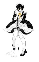  1boy :< alternate_costume animification apron artist_name chinese_commentary closed_mouth cole_(ninjago) commentary_request crossdressing crossdressing_(mtf) dated dress enmaided full_body greyscale gun hair_between_eyes highres holding holding_gun holding_weapon invisible_chair kneehighs knees_together_feet_apart long_sleeves looking_at_viewer maid maid_apron maid_headdress male_focus monochrome neck_ribbon ninjago orange_eyes orange_ribbon partial_commentary ribbon rifle shoes short_hair simple_background sitting socks solo spot_color thigh_strap weapon weapon_request zhuqian74589 
