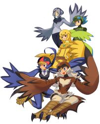  5girls bird_hat bird_hood bird_legs bird_tail blonde_hair blue_eyes blue_feathers blue_wings brown_eyes brown_shorts brown_wings collar covered_navel duel_monster feather_fingers feathered_wings feathers green_feathers green_wings grey_wings harpy helmet highres lyrilusc_-_beryl_canary lyrilusc_-_celestine_wagtail lyrilusc_-_cobalt_sparrow lyrilusc_-_sapphire_swallow lyrilusc_-_turqouise_warbler monster_girl multiple_girls shorts simple_background suspender_shorts suspenders tail talons tawashipurin white_background winged_arms wings yellow_wings yu-gi-oh! 