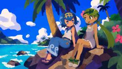  2girls absurdres blue_eyes blue_hair blue_pants blue_sailor_collar blue_sky bright_pupils capri_pants clouds dark-skinned_female dark_skin eye_contact flower green_eyes green_hair green_headband green_shoes grey_overalls hairband headband hibiscus highres lana_(pokemon) long_hair looking_at_another low_twintails mallow_(pokemon) multiple_girls niconiikura no_sclera on_rock open_mouth outdoors overall_shorts overalls palm_tree pants pokemon pokemon_sun_and_moon sailor_collar shoes short_hair sitting sky smile swept_bangs tree twintails vest water white_pupils white_vest yellow_hairband 