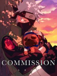  1boy absurdres animal artist_name black_eyes black_gloves black_shirt clouds cloudy_sky commentary_request commission dog evening fingerless_gloves flak_jacket forehead_protector gloves grey_hair half-closed_eye hatake_kakashi highres holding holding_animal holding_dog jacket konohagakure_symbol long_sleeves looking_at_another male_focus mask mouth_mask naruto_(series) one_eye_covered pakkun_(naruto) saarcheung shirt sky solo spiky_hair tree 