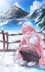  1girl absurdres bang_dream! bang_dream!_it's_mygo!!!!! black_pants breath chihaya_anon day fang fence full_body glasses gloves grey_eyes hat heart highres holding jacket lake long_hair long_sleeves looking_at_viewer mountainous_horizon nicowuakja open_mouth outdoors pants pink_hair pink_jacket scarf shoes sitting sky smile snow solo tree water white_gloves white_hat white_scarf white_shoes winter winter_clothes wooden_fence 