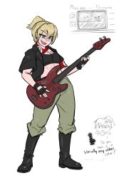  1boy 1girl abs absurdres alcohol anger_vein armband bar_censor beer black_boots black_jacket black_sports_bra blonde_hair blue_eyes boots breast_tattoo can censored darya_karamazova dildo drunk egor_letov electric_guitar fang fluffkaiser grazhdanskaya_oborona green_pants grin guitar hammer_and_sickle high_ponytail highres holding holding_can holding_guitar holding_instrument instrument jacket kolovrat nazbol non-web_source open_mouth original pants playing_instrument ponytail red_armband russian_text sektor_gaza sex_toy sketch_inset smile sports_bra tattoo tongue traincar translation_request 