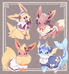  bow closed_mouth clothed_pokemon commentary_request dress ear_bow eevee flareon frilled_dress frills highres jolteon maid_headdress no_humans pokemon pokemon_(creature) pokemon_focus ribbon shiu_224 sitting standing tail tail_ornament vaporeon 