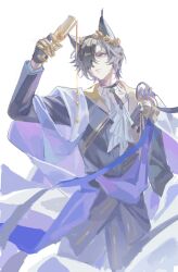  1_verse 1boy absurdres animal_ears arknights arm_up black_gloves black_jacket brown_hair cape cat_boy cat_ears chinese_commentary claw_ring closed_mouth commentary_request cup gloves hair_over_one_eye highres holding holding_cup jacket laurel_crown long_sleeves male_focus phantom_(arknights) pouring sash short_hair shoulder_sash simple_background solo tragodia_(arknights) upper_body white_background white_cape yellow_eyes 