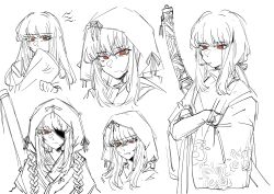  1girl absurdres annoyed bow chinese_commentary cigarette closed_mouth commentary_request crossed_arms floral_print frown hair_over_shoulder highres japanese_clothes kimono limbus_company long_hair long_sleeves looking_at_viewer low_ponytail multiple_views ootachi open_clothes open_kimono ponytail project_moon red_eyes ribbon shaded_face shiomi_yoru_(project_moon) shiromuku simple_background sketch sleeve_over_mouth smoking solo spot_color sword tsurugi_1953 turtleneck uchikake upper_body weapon weapon_on_back white_background wide_sleeves 