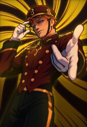 1boy bell-boy_hat bellhop_uniform blue_eyes buttons deadlock_(game) doorman_(deadlock) freckles gloves hat highres long_sleeves looking_at_viewer male_focus miilk_party orange_hair pants pointing pointing_at_viewer red_hat short_hair solo striped_clothes striped_pants two-tone_background vertical-striped_clothes vertical-striped_pants white_gloves 