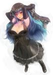  1girl :p arms_up black_gloves blue_hair blush breasts dress elbow_gloves gloves highres large_breasts looking_at_viewer luco_san solo tongue tongue_out veil white_background 