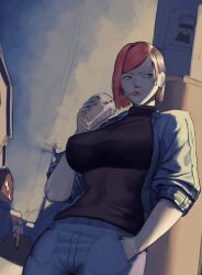  1girl absurdres alley alternate_breast_size_(larger) annoyed black_shirt bob_cut boruburo breasts brown_eyes bubble_tea casual commentary cool_colors cup denim denim_jacket disposable_cup drink drinking drinking_straw easter_egg egg english_commentary from_below frown hand_in_pocket highres holding holding_drink jacket jeans jujutsu_kaisen kugisaki_nobara large_breasts leaning_back missing_poster open_clothes open_jacket orange_hair pants power_lines shirt short_hair solo solo_focus tsundere turtleneck urban utility_pole 