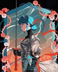  1girl armor blue_eyes blue_hair commentary_request earrings flower from_side hair_ribbon highres holding holding_sword holding_weapon jewelry marinette_dupain-cheng miraculous_ladybug plant red_ribbon ribbon rose seio_(nao_miragggcc45) solo sword twitter_username vines watermark weapon 
