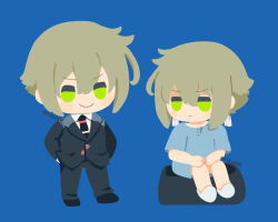  1boy annoyed artist_name black_jacket black_necktie black_pants black_shoes blue_background blue_shirt blush_stickers closed_mouth commentary_request dress_shirt earrings elan_ceres green_eyes green_hair gundam gundam_suisei_no_majo hair_between_eyes jacket jewelry male_focus multiple_views necktie pants rizu_(rizunm) shirt shoes simple_background sitting smile smug socks solo standing suit suit_jacket suit_pants white_shirt white_socks 