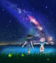  2girls absurdres alaska0812 artist_name black_hair blonde_hair blue_shirt bracelet closed_eyes clouds commentary_request crop_top fireflies grass hair_ribbon highres inoue_takina jewelry long_hair lycoris_recoil midriff milky_way multiple_girls navel nebula night nishikigi_chisato open_mouth outdoors outstretched_arms overalls ponytail red_ribbon ribbon scenery shirt short_hair short_sleeves shorts signature sky smile star_(sky) starry_sky twitter_username water 