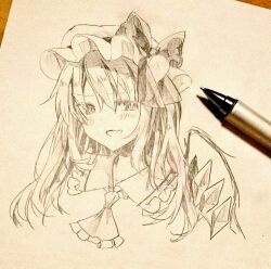  1girl art_tools_in_frame ascot blush bow collared_shirt commentary_request crystal crystal_wings fang flandre_scarlet frilled_shirt_collar frills furawast hat hat_bow long_hair looking_at_viewer mob_cap one_side_up open_mouth photo_(medium) shirt skin_fang smile solo touhou traditional_media wings 