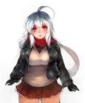  1girl black_gloves blush breasts cowboy_shot gloves jacket long_hair looking_at_viewer luco_san red_eyes scarf silver_hair simple_background skirt smile solo sweater white_background 