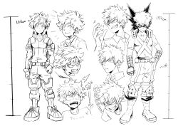  2boys absurdres anger_vein angry arms_at_sides art_study baggy_pants bakugou_katsuki bare_shoulders belt belt_buckle belt_pouch blank_eyes blazer bodysuit boku_no_hero_academia boots buckle clenched_hand clenched_teeth closed_mouth clothes_writing collarbone collared_shirt commentary_request comparison covered_navel crew_neck cropped_arm cropped_shoulders explosive expressionless eye_mask freckles full_body furrowed_brow gloves grenade greyscale grin hair_between_eyes hand_in_pocket hand_up happy happy_aura headgear height_chart highres invisible_floor j_nobu4 jacket knee_boots knee_pads looking_ahead looking_at_viewer looking_to_the_side male_focus mask mask_around_neck midoriya_izuku monochrome mouth_mask multiple_boys multiple_expressions multiple_views open_collar open_mouth pants partial_commentary pectoral_cleavage pectorals pouch print_shirt raised_inner_eyebrows sanpaku scared school_uniform serious shirt shoelaces short_hair sideways_glance sideways_mouth simple_background smile snap-fit_buckle spiky_hair standing t-shirt tank_top teeth translation_request tsurime u.a._school_uniform utility_belt v-neck v-shaped_eyebrows white_background wing_collar wrist_guards x_(symbol) 