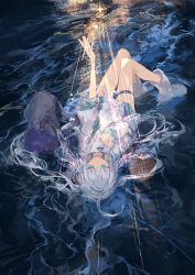 1girl absurdres ahoge aqua_eyes bag boots coat commentary_request dark_background duffel_bag halftone highres ichika_(ichika87) knees_together_feet_apart light_rays looking_at_viewer lying on_back original outstretched_arm partially_submerged thigh_strap twintails upside-down water white_boots white_coat white_hair 