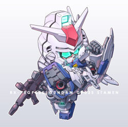  beam_rifle character_name chibi energy_gun full_body glowing glowing_eyes green_eyes gun gundam gundam_0083 holding holding_gun holding_weapon kicking mecha mobile_suit no_humans robot sd_gundam shield susagane thrusters v-fin weapon 
