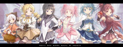  5girls absurdres akemi_homura apple argyle_clothes argyle_pantyhose bare_shoulders black_hair black_pantyhose blonde_hair blue_eyes blue_hair blue_skirt breasts brown_corset brown_gloves brown_pantyhose bubble_skirt cape capelet closed_mouth commentary_request corset cup detached_sleeves dress drill_hair fang fingerless_gloves food fruit gloves hand_on_own_hip highres holding holding_cup holding_food holding_fruit holding_own_skirt kaname_madoka long_hair looking_at_viewer magical_girl mahou_shoujo_madoka_magica mahou_shoujo_madoka_magica:_hangyaku_no_monogatari mahou_shoujo_madoka_magica_(anime) medium_breasts midriff miki_sayaka momoe_nagisa multiple_girls navel open_mouth orange_capelet orange_eyes pantyhose pink_eyes pink_hair pleated_skirt polka_dot polka_dot_pantyhose ponytail puffy_short_sleeves puffy_sleeves purigetsu purple_ribbon red_dress red_eyes red_hair ribbon sakura_kyoko short_hair short_sleeves skirt sleeveless sleeveless_dress small_breasts smile teacup tomoe_mami twin_drills twintails upper_body violet_eyes wavy_hair white_cape white_gloves white_hair yellow_eyes yellow_ribbon 