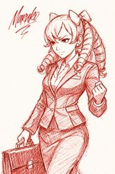  1girl bow briefcase closed_mouth contemporary drill_hair earrings fire_emblem fire_emblem_awakening hair_bow highres holding holding_briefcase jewelry long_hair looking_at_viewer maribelle_(fire_emblem) multiple_drills redpenchaos 