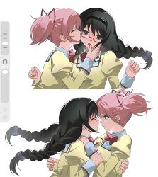  2girls akemi_homura art_program_in_frame black_eyes black_hairband blush braid commentary glasses hairband highres juliet_sleeves kaname_madoka long_hair long_sleeves mahou_shoujo_madoka_magica mitakihara_school_uniform multiple_girls pink_eyes pink_hair puffy_sleeves red-framed_eyewear school_uniform short_twintails sweater toganeki twin_braids twintails yellow_sweater yuri 