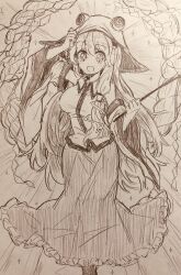  +_+ 1girl absurdres borrowed_clothes breasts closed_mouth commentary_request detached_sleeves efukei frog_hair_ornament gohei hair_ornament hair_tubes hat highres holding holding_gohei kochiya_sanae large_breasts long_hair long_skirt looking_at_viewer open_mouth rope shide shimenawa single_hair_tube skirt smile snake_hair_ornament solo touhou traditional_media very_long_hair 