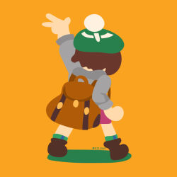  1girl arm_up artist_name backpack bag brown_bag brown_hair brown_shoes cardigan commentary_request gloria_(pokemon) green_hat grey_cardigan hand_up hat hood hooded_cardigan medium_hair pokemon pokemon_sword_and_shield rizu_(rizunm) shoes simple_background solo tam_o'_shanter yellow_background 