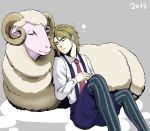  1boy 2015 blonde_hair dio_brando jojo_no_kimyou_na_bouken necktie neko_nami83 pantyhose ram sheep shorts sleeping solo striped striped_legwear suspenders vertical-striped_legwear vertical_stripes 