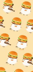  absurdres animal animal_focus artist_name bird bow bowtie bread_bun brown_background burger cheese commentary_request food food-themed_hat highres ketchup lettuce long-tailed_tit multiple_views no_humans orange_bow orange_bowtie original rizu_(rizunm) simple_background tit_(bird) 