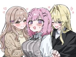  3girls amaori_renako aran_sweater black_jacket blonde_hair blue_eyes blush brown_cardigan brown_eyes brown_hair cable_knit cardigan collared_shirt commentary_request girl_sandwich hair_intakes heart highres jacket long_hair medium_hair mesugakisaikou multiple_girls one_eye_closed open_mouth ouzuka_mai pink_hair sandwiched sena_ajisai shirt simple_background smile sweatdrop sweater upper_body watashi_ga_koibito_ni_nareru_wake_naijan_murimuri! white_background white_shirt yuri 