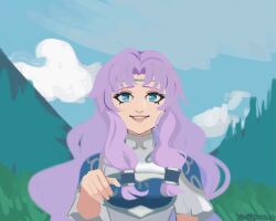  1girl animated animated_gif aqua_eyes armor artist_name breastplate circlet day dress fire_emblem fire_emblem:_the_blazing_blade florina_(fire_emblem) hair_tubes hand_up long_hair looking_at_viewer looping_animation open_mouth outdoors pauldrons purple_hair short_sleeves shoulder_armor sky smile solo teeth upper_teeth_only wavy_hair white_dress yancadoodles 