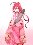  1girl :d ahoge alternate_costume floral_print flower gradient gradient_background hair_flower hair_ornament i-168_(kantai_collection) japanese_clothes kantai_collection kimono long_ponytail looking_at_viewer open_mouth red_eyes redhead simple_background smile solo torpedo uiroutsuji_yumihiko 