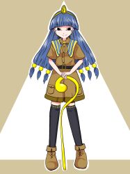  1girl 3wd_tkm absurdres belt black_belt black_eyes black_thighhighs blue_hair boots brown_boots brown_shirt brown_shorts closed_mouth collared_shirt commentary earrings facial_mark fold-over_boots full_body gold_headdress hair_ornament highres holding holding_scepter jewelry key_earrings long_hair looking_at_viewer michigami_nareko scepter shirt shorts smile solo sphere_hair_ornament thigh-highs touhou triangle triangle_facial_mark usekh_collar 