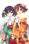  2girls :d alternate_costume black_eyes black_hair brown_eyes brown_hair floral_print flower hair_flower hair_ornament hair_ribbon highres hiryuu_(kantai_collection) japanese_clothes kantai_collection kimono komachi_naruta looking_at_viewer multiple_girls obi open_mouth ribbon sash short_hair simple_background smile souryuu_(kantai_collection) twintails white_background 