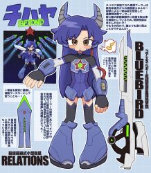  1girl armored_boots black_gloves blue_hair blue_leotard blush boots brown_eyes closed_mouth commentary_request eighth_note energy_weapon fake_horns fingerless_gloves fis_(t83192933) gloves highres horns idolmaster idolmaster_(classic) kisaragi_chihaya leotard long_hair looking_at_viewer musical_note science_fiction space translation_request variant_set 