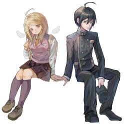  1boy 1girl ahoge akamatsu_kaede angel_wings arm_support backpack bag black_hair black_jacket black_pants blonde_hair brown_shoes collared_shirt commentary_request danganronpa_(series) danganronpa_v3:_killing_harmony full_body green_eyes hat head_tilt highres holding holding_unworn_clothes holding_unworn_hat invisible_chair jacket kneehighs lelouch09kyou long_hair long_sleeves looking_to_the_side musical_staff musical_staff_print pants parted_lips pink_vest pleated_skirt purple_skirt purple_socks saihara_shuichi shirt shoes short_hair simple_background sitting skirt socks striped_clothes striped_jacket striped_pants sweater_vest unworn_hat unworn_headwear vertical-striped_clothes vertical-striped_jacket vertical-striped_pants vest violet_eyes white_background white_shirt wings 