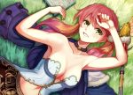  1girl armpits atelier_(series) atelier_escha_&amp;_logy bare_shoulders book breasts choker clothes_removed collarbone escha_malier grass green_eyes highres lying pink_hair rei_x_mako short_hair smile solo twintails wand 