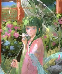  1girl blue_eyes blunt_bangs blush bon_(bxnbxnn_) chinese_clothes colored_eyelashes commentary double_bun flower green_hair hair_bun hanfu highres holding holding_umbrella kusuriya_no_hitorigoto maomao_(kusuriya_no_hitorigoto) outdoors profile sidelocks solo umbrella wide_sleeves 