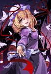  1girl blonde_hair bow butterfly dress eyes gap hair_over_one_eye hat janne_cherry maribel_hearn open_mouth outstretched_arm ribbon short_hair smile solo touhou violet_eyes 