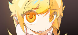  1girl absurdres blonde_hair commentary english_commentary fang highres long_hair looking_at_viewer monogatari_(series) open_mouth oshino_shinobu pointy_ears solo vampire waaifu6623 yellow_eyes 