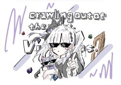  0ffici41_mdk 1girl acid_(maimai) black_hat blush blush_stickers bow dress english_text flower frills gothic_lolita grey_hair hair_ornament hat holding lolita_fashion long_hair long_sleeves lyrics maimai_(game) pixel_sunglasses pointing pointing_at_viewer ribbon sketch solo stuffed_toy sunglasses twintails white_background 