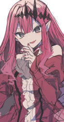  1girl baobhan_sith_(fate) baobhan_sith_(first_ascension)_(fate) bare_shoulders breasts center_frills commentary_request detached_sleeves dress fang fate/grand_order fate_(series) frills grey_eyes ikeuchi_tanuma long_hair looking_at_viewer nail_polish open_mouth pink_hair pointy_ears red_dress red_nails sidelocks simple_background sketch smile solo tiara white_background 