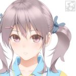  1girl aoi_sora_(pairan) blush brown_eyes brown_hair face gym_uniform hair_ornament hairclip looking_at_viewer original pairan parted_lips portrait short_hair simple_background solo tears twintails white_background 