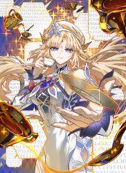  1girl absurdres bare_shoulders beret blonde_hair blue_eyes breasts commentary_request cowboy_shot cross-shaped_pupils cup detached_sleeves dress ear_covers facial_mark floating_hair forehead_mark genshin_impact halter_dress halterneck hat highres holding holding_cup long_hair looking_at_viewer medium_breasts nicole_(genshin_impact) pointy_ears saucer smile solo sparkle symbol-shaped_pupils teacup teapot teaspoon throwing white_dress white_hat white_sleeves yo-ba_yo 