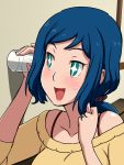  12cut 1girl :d blue_hair eavesdropping glass green_eyes gundam gundam_build_fighters highres iori_rinko long_hair open_mouth ponytail smile solo symbol-shaped_pupils tagme 