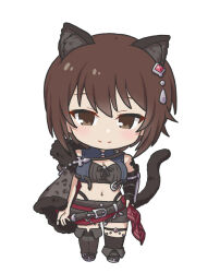  1girl animal_ears belt black_cape blush breasts brown_eyes brown_hair cape cat_ears cat_girl cat_tail chibi chibi_only closed_mouth crop_top cross_tattoo girls_und_panzer large_breasts looking_at_viewer nishizumi_maho niwa_so_ji princess_connect! short_hair smile solo tail tattoo 