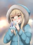  1girl blonde_hair blush bust coat cup glasses hooded_jacket kaneko_(novram58) long_hair looking_away perrine_h_clostermann solo strike_witches winter_clothes winter_coat yellow_eyes 