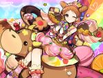  1girl aikatsu! arisugawa_otome blush brown_eyes brown_hair cookie cow double_bun doughnut drill_hair food food_themed_clothes hitoto horn looking_at_viewer smile solo twin_drills wings 