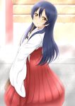  1girl blue_hair blush broom brown_eyes female japanese_clothes long_hair love_live!_school_idol_project miko smile solo sonoda_umi 