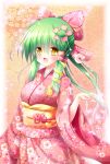  1girl blush bow expressive_clothes floral_print frog_hair_ornament green_hair hair_bow hair_ornament hair_tubes highres japanese_clothes kimono kochiya_sanae long_hair obi open_mouth osashin_(osada) ponytail sash smile snake_hair_ornament solo touhou wide_sleeves yellow_eyes 