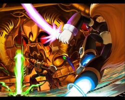  2boys android armor bald battle battle_damage black_armor black_zero_(mega_man) blonde_hair blue_eyes cloak commentary energy_sword facial_mark forehead_jewel helmet long_hair male_focus mega_man_(series) mega_man_x4 mega_man_x_(series) multiple_boys ponytail robot scar scar_across_eye scar_on_face scarf shoulder_armor shoulder_pads sigma_(mega_man) standing sulus sword very_long_hair weapon z_saber zero_(mega_man) 